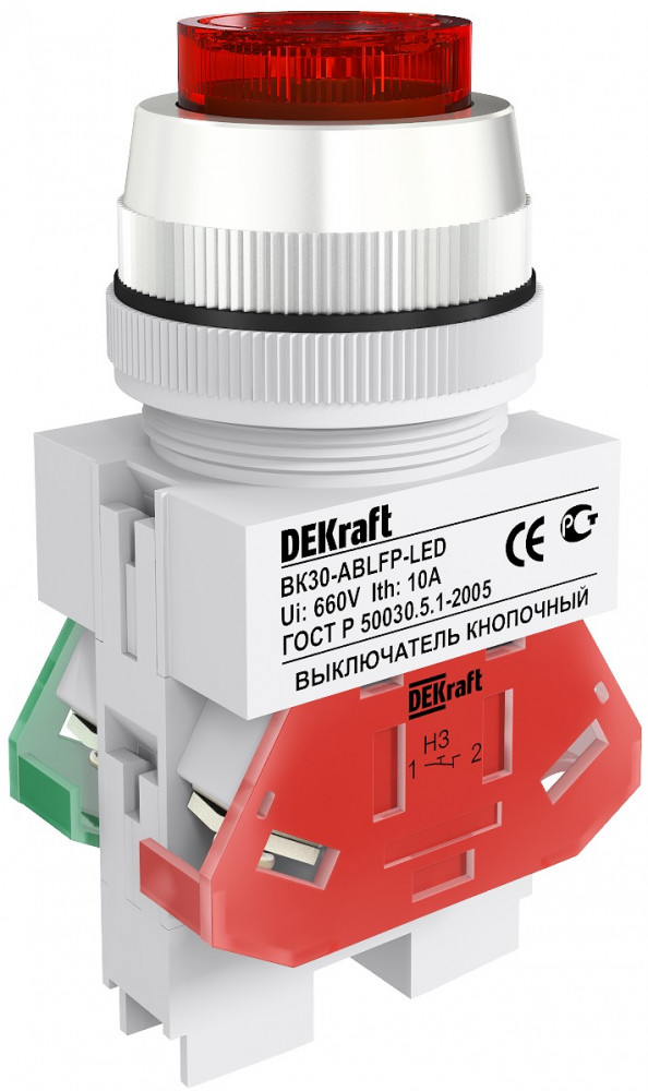 DEKraft ВK-30 Красный Выключатель кнопочный ABLFP D=30мм LED 220В