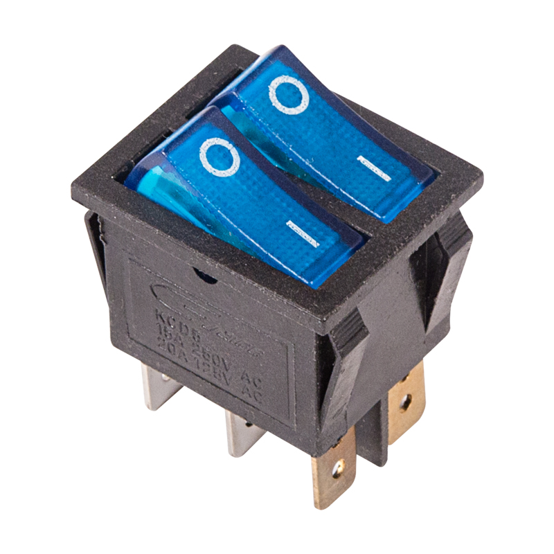 Выключатель клавишный 250V 15А (6с) ON-OFF синий с подсветкой ДВОЙНОЙ Rexant