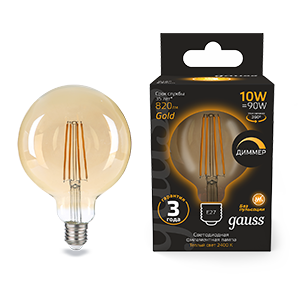 Gauss Лампа Filament G125 10W 820lm 2400К Е27 golden диммируемая LED 1/20