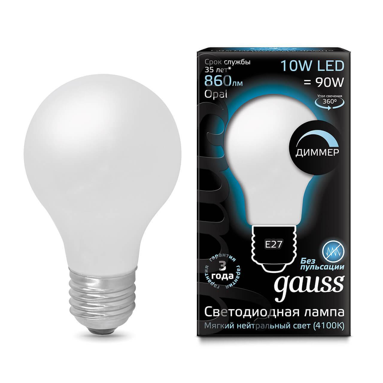 Gauss Лампа Filament А60 10W 860lm 4100К Е27 milky диммируемая LED