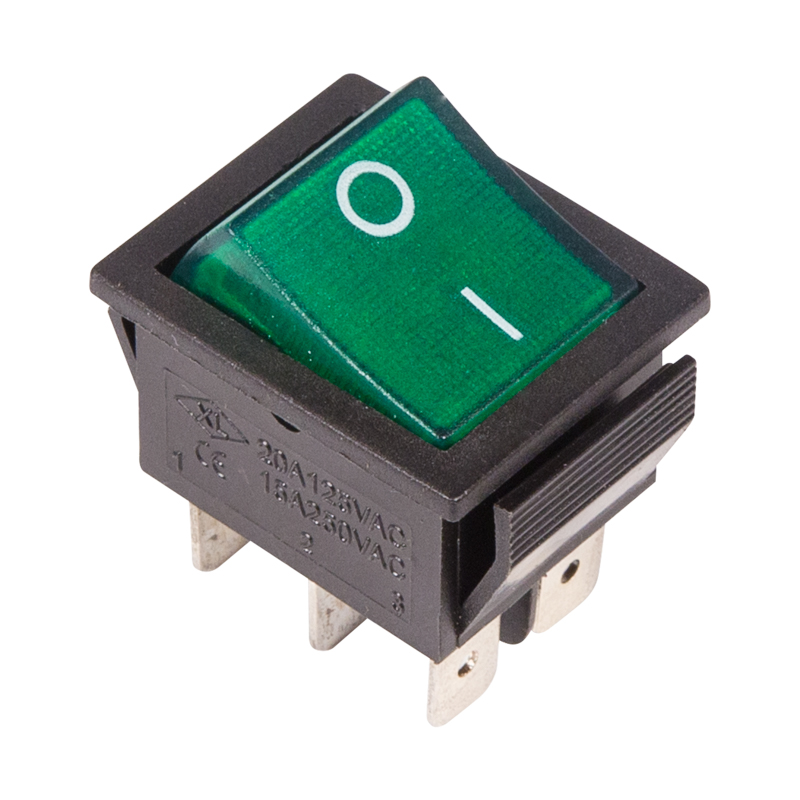 Выключатель клавишный 250V 15А (6с) ON-ON зеленый с подсветкой Rexant