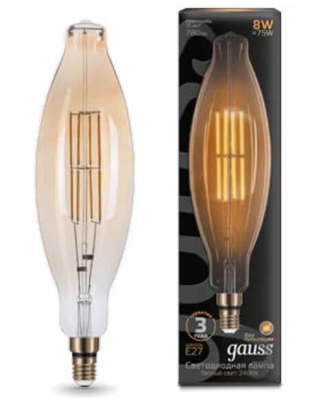 Gauss Лампа Filament BT120 6W 780lm 2400К Е27 golden straight LED