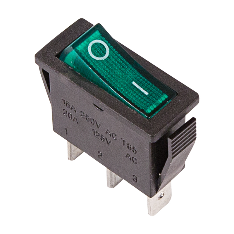 Выключатель клавишный 250V 15А (3с) ON-OFF зеленый с подсветкой Rexant