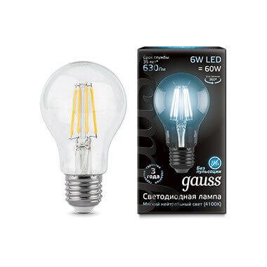 Gauss Лампа Filament А60 6W 630lm 4100К Е27 LED
