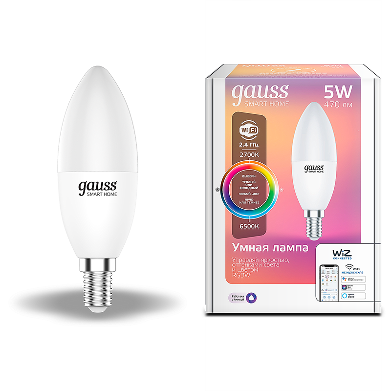 Gauss Лампа Smart Home С37 5W 470lm 2700-6500К Е14 RGBW+изм.цвет.темп.+диммирование LED