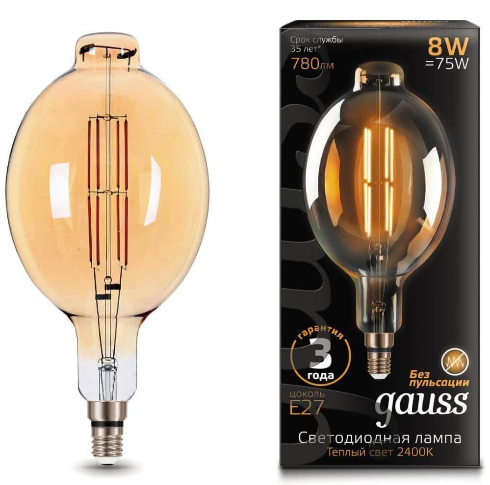 Gauss Лампа Filament BT180 8W 780lm 2400К Е27 golden straight LED