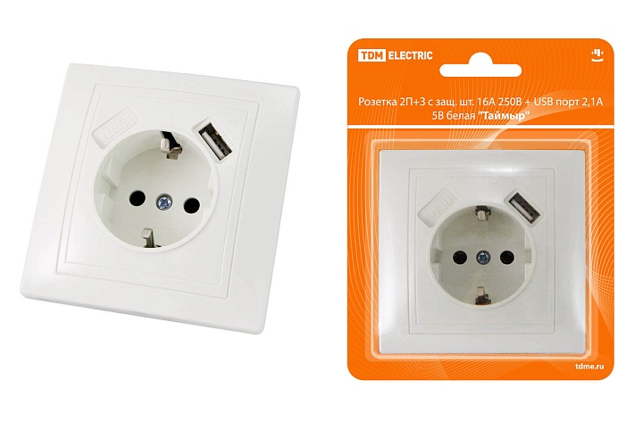 TDM Розетка 2П+З с защ. шт. 16А 250В + USB порт 2,1А 5В белая "Таймыр"