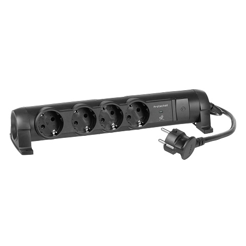 Legrand Черный Удлинитель 4x2К+З с выкл., кабель 1,5м, с защитой от перепадов напряжения, фиксир. поворотный блок, возможно крепление к стене