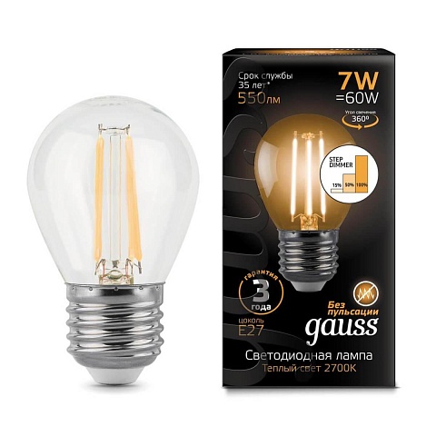 Gauss Лампа Filament Шар 7W 550lm 2700К Е27 шаг. диммирование LED