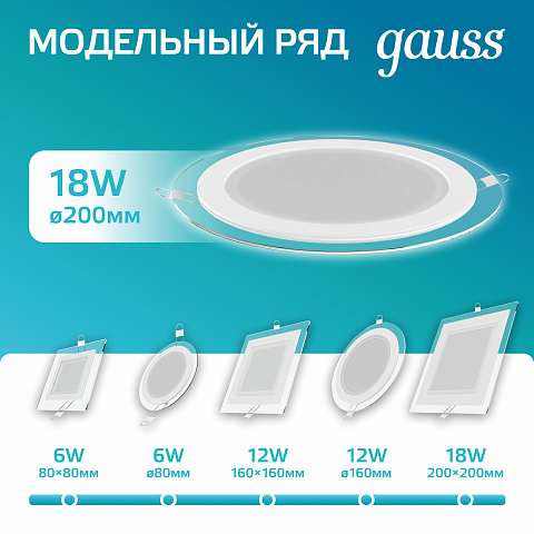 Gauss Светильник Glass круг 18W 1480lm 4000K 220-240V IP20 монт Ø155 200*30 с дек стеклом LED