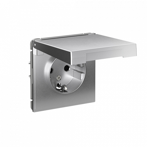 Systeme Electric ArtGallery Алюминий Розетка с заземл. со шторк. с крышкой, 16А, IP20, механизм
