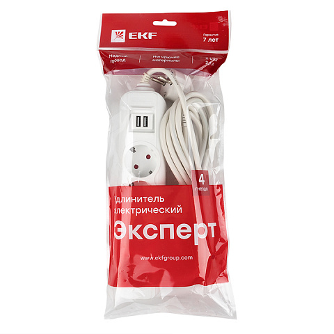 EKF PROxima Удлинитель "Эксперт" 4 гнезда 5 метров 16А/3,5кВт с 2 USB 2,1А ПВС 3х1