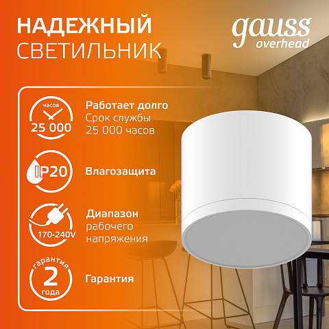 Gauss Светильник Overhead накл цил 10W 700lm 3000K 170-240V IP20 88*75мм белый с расс LED