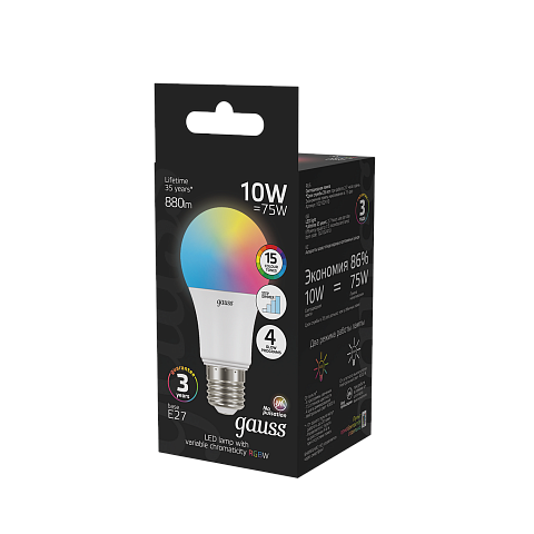Gauss Лампа A60 10W E27 RGBW димирование LED 1/50