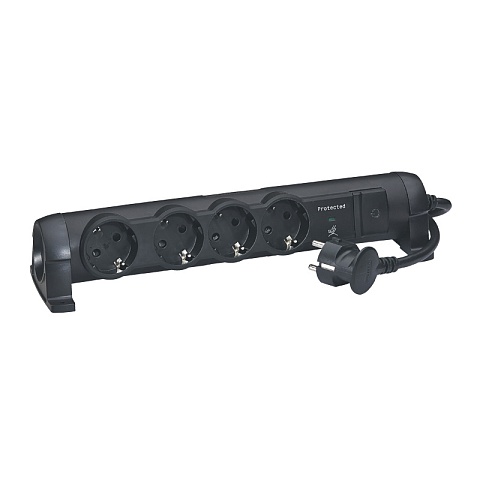 Legrand Черный Удлинитель 4x2К+З с выкл., кабель 1,5м, с защитой от перепадов напряжения, фиксир. поворотный блок, возможно крепление к стене