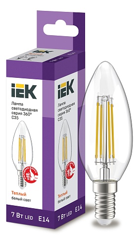 IEK Лампа LED C35 свеча прозрачный 7Вт 230В 3000К E14 серия 360°