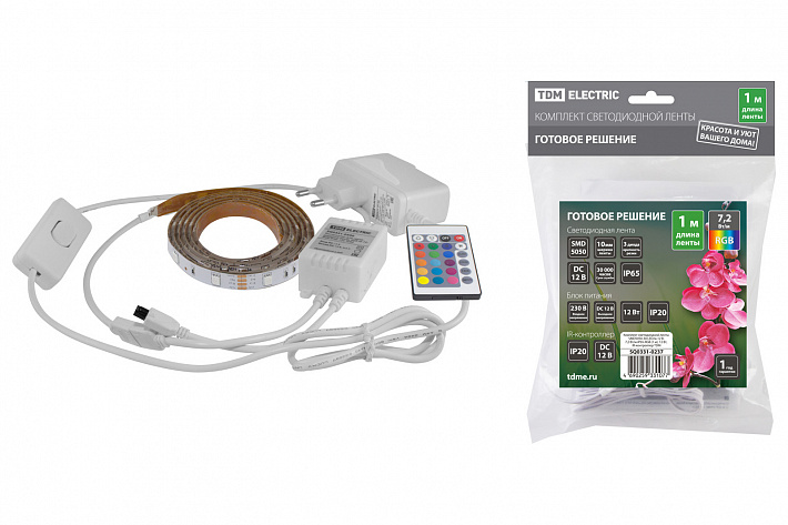 TDM Комплект светодиодной ленты SMD5050-30 LED/м-12 В-7,2 Вт/м-IP65-RGB (1 м), 12 Вт, IR-контроллер 