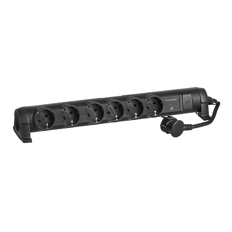 Legrand Черный Удлинитель 6x2К+З с выкл., кабель 1,5м, с защитой от перепадов напряжения, фиксир. поворотный блок, возможно крепление к стене