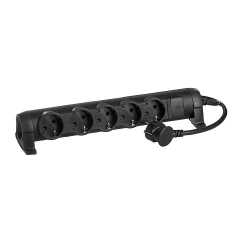 Legrand Комфорт Черный Удлинитель 5x2К+З с выкл., кабель 1,5м, фиксир. поворотный блок, возможно крепление к стене