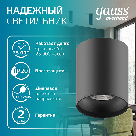 Gauss Светильник Overhead накл цил 12W 920lm 4100K 170-240V IP20 79*100мм черный LED