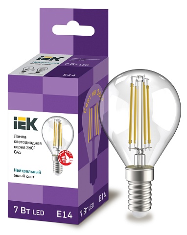 IEK Лампа LED G45 шар прозрачный 7Вт 230В 4000К E14 серия 360°