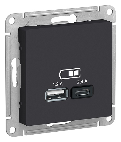 SE Atlasdesign USB Розетка А+С, 5В/2, 4А, 2х5В/1, 2 А, механизм, карбон