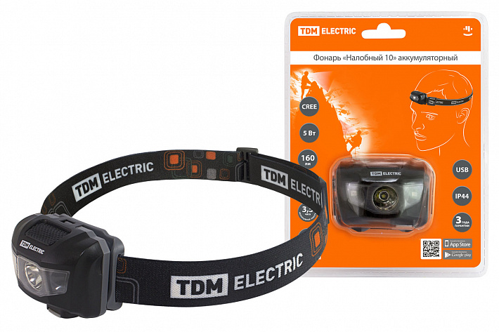 TDM Фонарь «Налобный 10» аккумуляторный, 5 Вт 1 светодиод CREE, Li-Ion 3,7 В 0,6 А*ч, USB, сенсор,