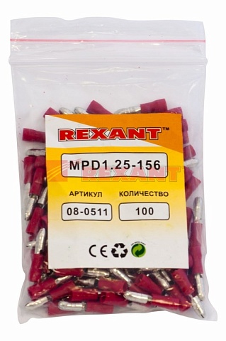 Разъем ШТЕКЕРНЫЙ изолированный штекер - 4мм 0.5-1.5мм² (РШи-п 1.5-4 / РШИп 1,25-4) красный Rexant