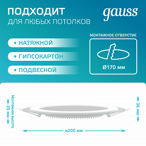 Gauss Светильник Glass круг 18W 1480lm 4000K 220-240V IP20 монт Ø155 200*30 с дек стеклом LED