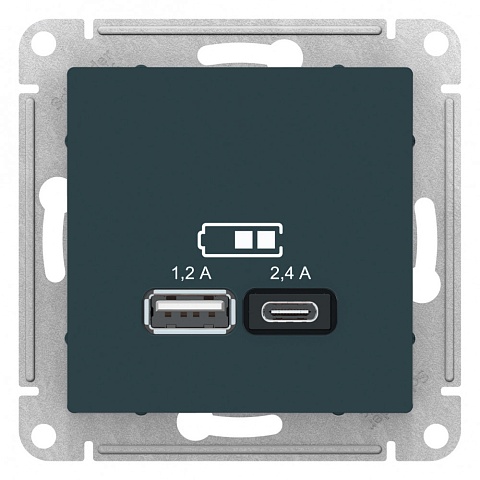 SE Atlasdesign USB Розетка А+С, 5В/2, 4 А, 2х5В/1, 2 А, механизм, изумруд