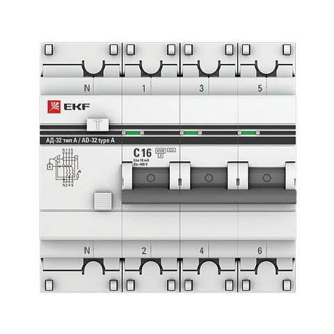 EKF PROxima АД-32 Диф. Автомат (C)  3P+N 16А/10мА тип А 4,5кА