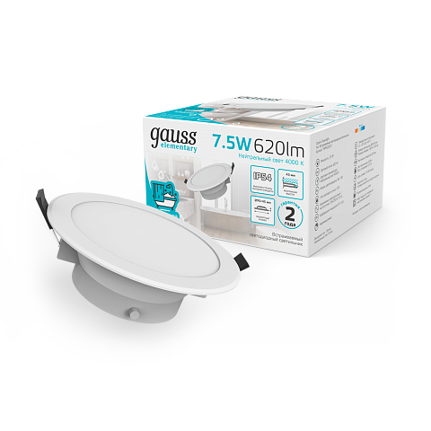Gauss Светильник Elementary Downlight круг 7,5W 620lm 4000K 185-250V IP54 95*45 монтаж белый LED 1/40