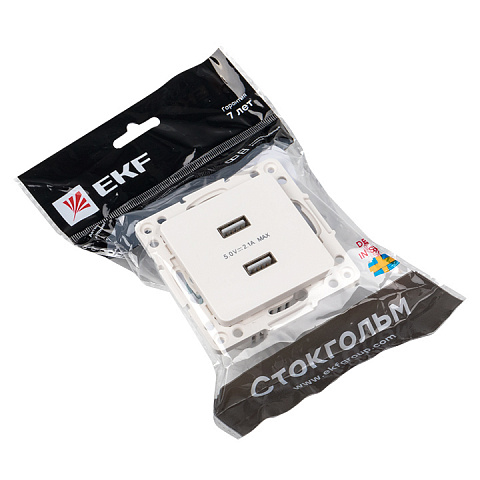 EKF PROxima Стокгольм Белый Розетка USB 2-ая, 2,1А