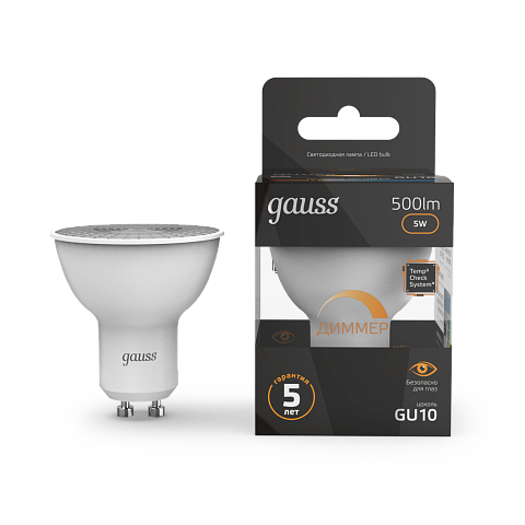 Gauss Лампа MR16 5W 500lm 3000K GU10 диммируемая LED 1/10/100