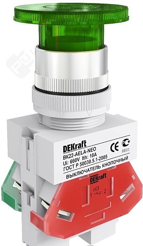 DEKraft ВK-22 Зеленый неон Выключатель кнопочный грибок AELA D=22мм 220В