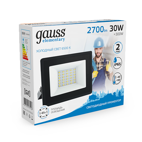 Gauss Прожектор Elementary 30W 2700lm 6500К 200-240V IP65 черный LED