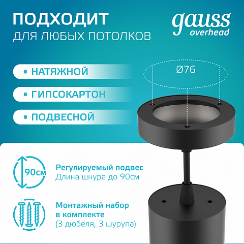 Gauss Светильник Overhead подвесной цилиндр 12W 920lm 4100K 170-240V IP20 79*200мм черный LED