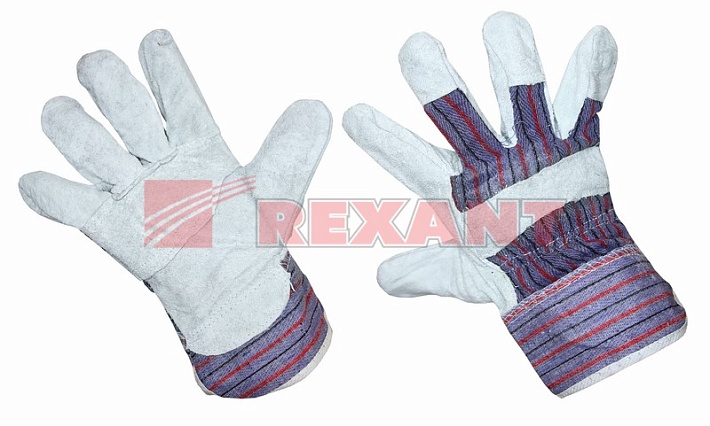 Перчатка спилковая (спилок + хб ткань), кожевенный спилок класса АВ. Материал подкладки: 100% хб. Rexant