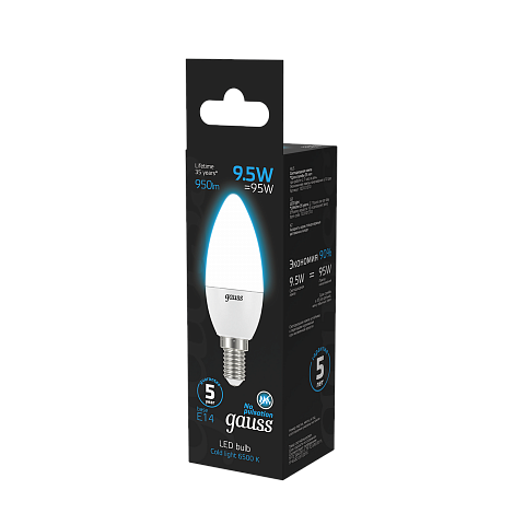 Gauss Лампа Свеча 9.5W 950lm 6500К E14 LED 1/10/100