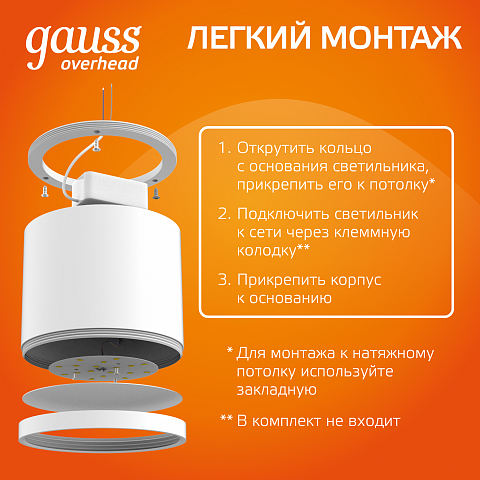 Gauss Светильник Overhead накл цил 10W 700lm 3000K 170-240V IP20 88*75мм белый с расс LED
