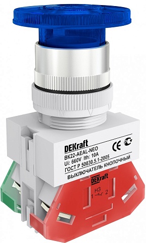 DEKraft ВK-22 Синий неон Выключатель кнопочный грибок с фикс. AEAL D=22мм 220В