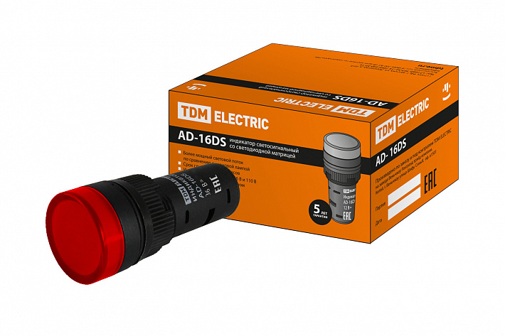 TDM Лампа AD-16DS(LED)матрица d16мм красный 36В AC/DC