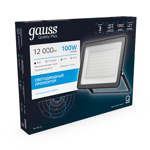 Gauss Прожектор Qplus 100W 12000lm 6500K 175-265V IP65 черный LED