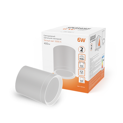 Gauss Светильник Overhead накл цил 6W 400lm 300K 170-240V IP20 68*75мм белый с расс LED