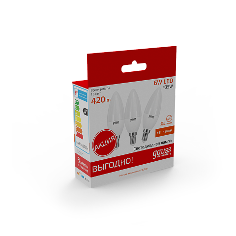 Gauss Лампа Elementary Свеча 6W 420lm 3000K E14 (3 лампы в упаковке) LED 1/40