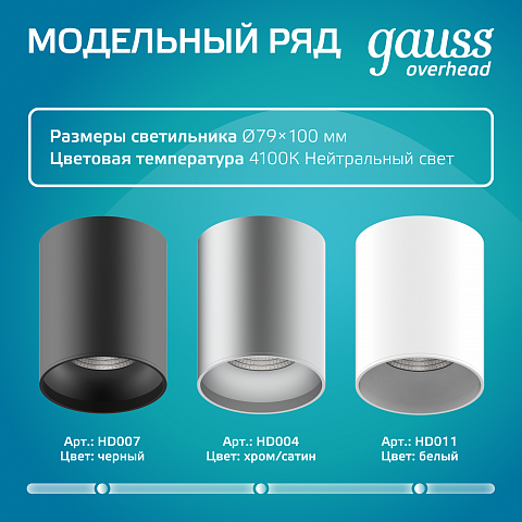 Gauss Светильник Overhead накл цил 12W 920lm 4100K 170-240V IP20 79*100мм черный LED