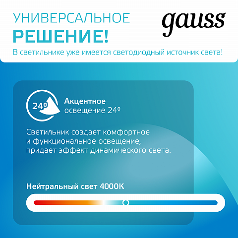 Gauss Светильник трековый цилиндр 24W 1830lm 4000K 180-240V IP20 65*210мм черный угол 24º LED