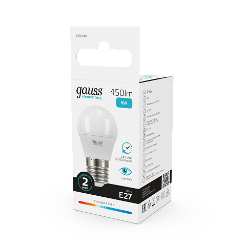 Gauss Лампа Elementary Шар 6W 450lm 4100K Е27 LED