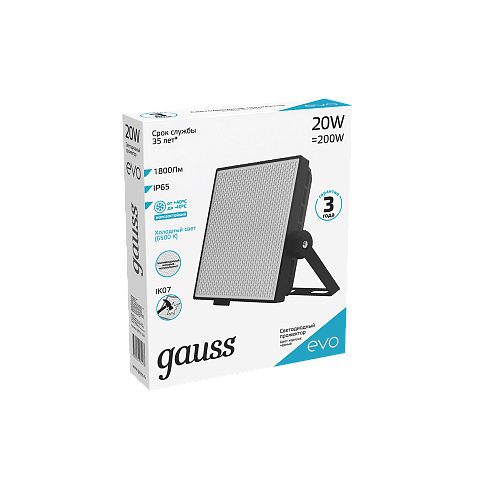 Gauss Прожектор EVO 20W 1800lm 6500K 100-240V IP65 черный LED