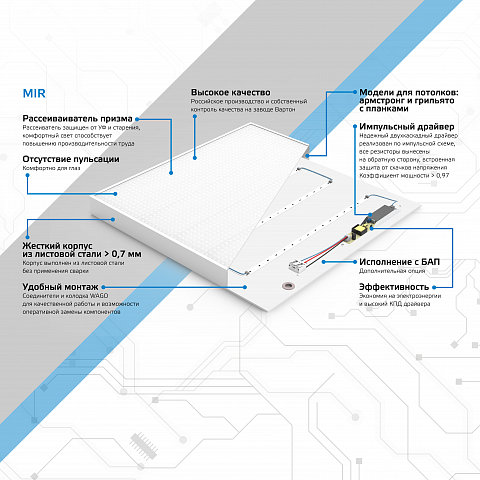 Gauss Светильник офисный MiR 35W 3500lm 5000K IP40 588*588*50мм Грильято призма планки LED